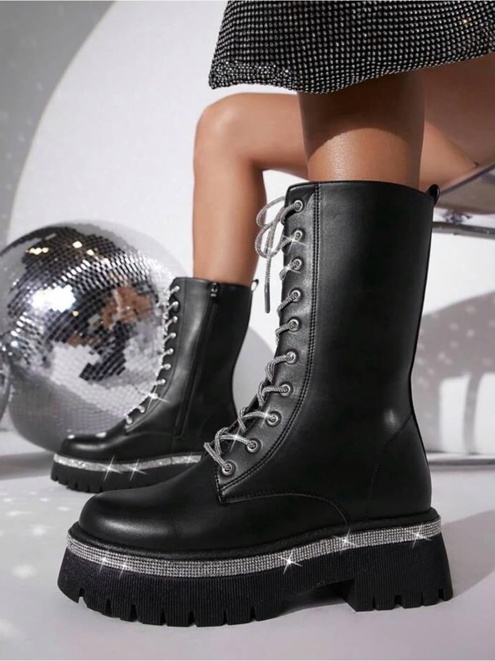 Wild Diva Black Lace-Up Platform Combat Boots with Silver Rhinestone Trim - Picture 3 of 6